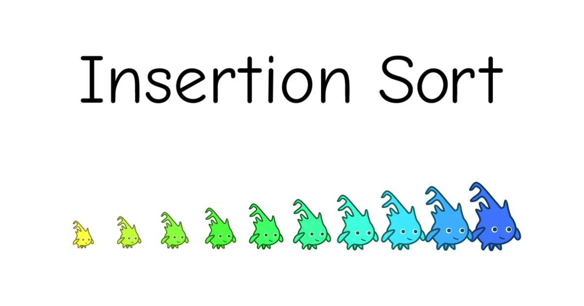 Judul: Insertion Sort. Sepuluh maskot warna-warni berjejer dari kecil ke besar.