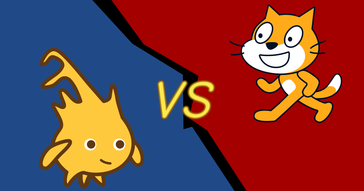 Alonzo (Snap! mascot) di kiri, versus Scratch Cat di kanan